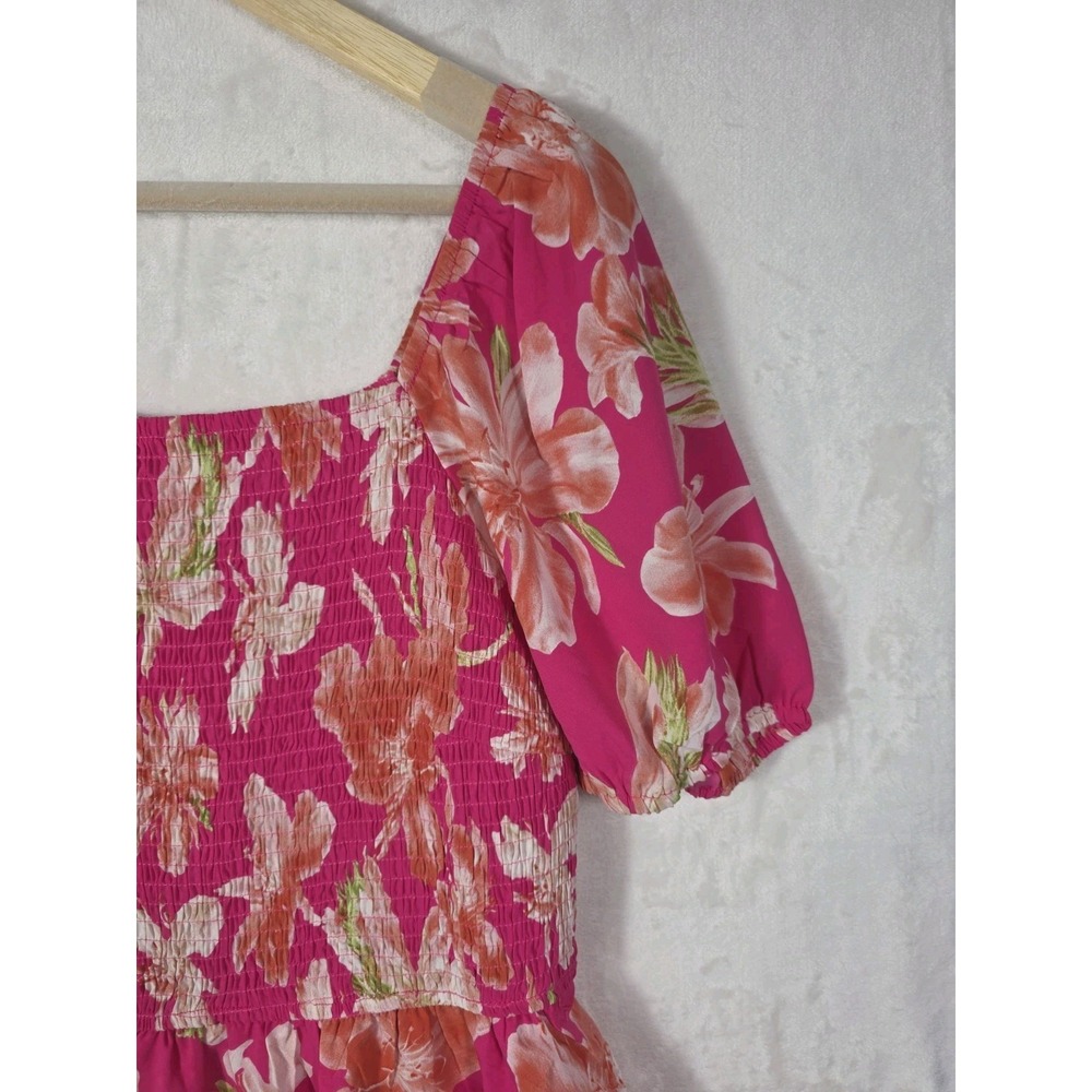 NWT BTFBM Pink Floral Smocked Maxi Dress Puff Sleeve Tiered Boho Women's L - Picture 4 of 12